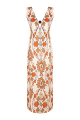 SERENA - Ethnic Patterned V Neck Linen Maxi Dress