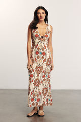 SERENA - Ethnic Patterned V Neck Linen Maxi Dress